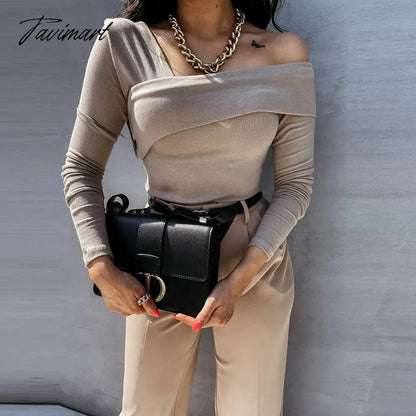 Women Elegant Solid Autumn Pullover Blouse Sexy V-neck Off Shoulder Full Sleeve Top Office Lady Slim Fit Streetwear Casual Shirt