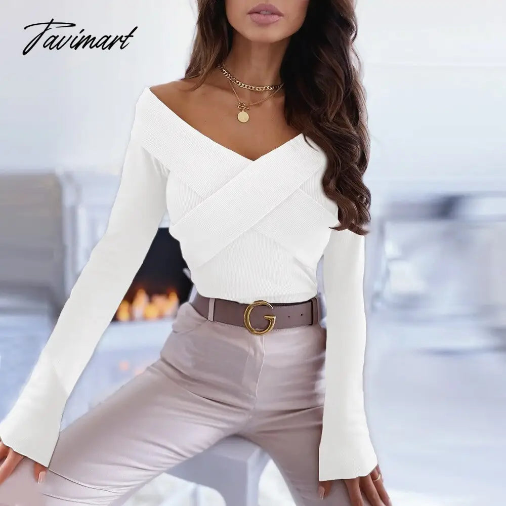 Women Elegant Solid Autumn Pullover Blouse Sexy V-neck Off Shoulder Full Sleeve Top Office Lady Slim Fit Streetwear Casual Shirt