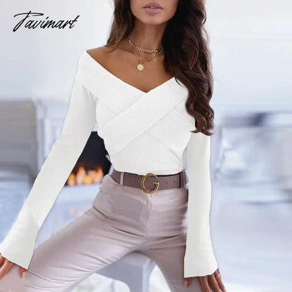 Women Elegant Solid Autumn Pullover Blouse Sexy V-neck Off Shoulder Full Sleeve Top Office Lady Slim Fit Streetwear Casual Shirt