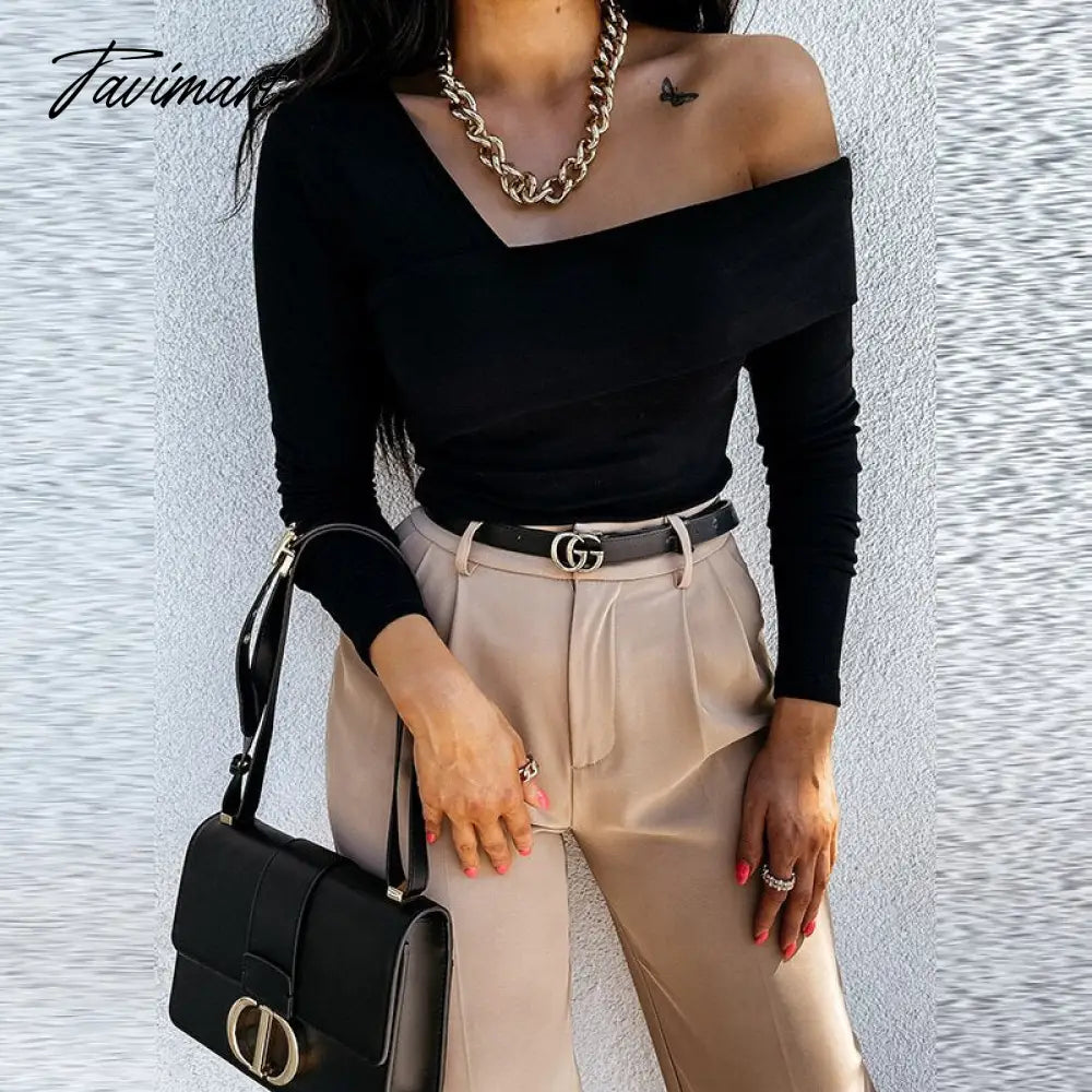 Women Elegant Solid Autumn Pullover Blouse Sexy V-neck Off Shoulder Full Sleeve Top Office Lady Slim Fit Streetwear Casual Shirt
