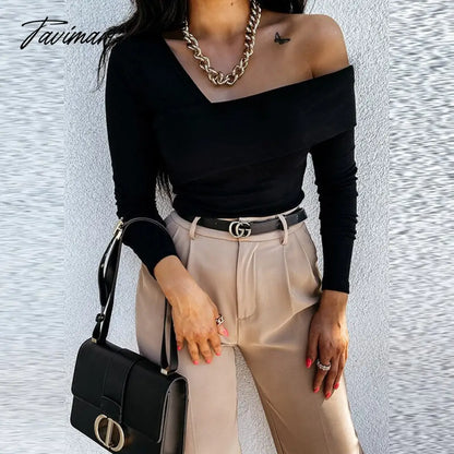 Women Elegant Solid Autumn Pullover Blouse Sexy V-neck Off Shoulder Full Sleeve Top Office Lady Slim Fit Streetwear Casual Shirt