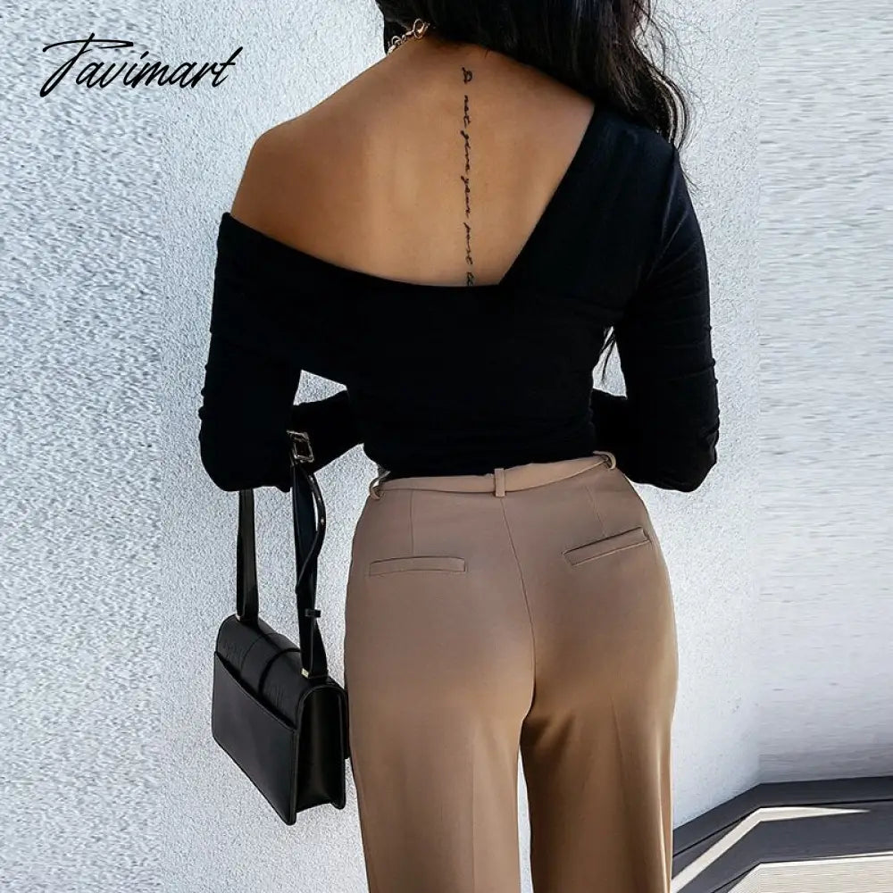 Women Elegant Solid Autumn Pullover Blouse Sexy V-neck Off Shoulder Full Sleeve Top Office Lady Slim Fit Streetwear Casual Shirt