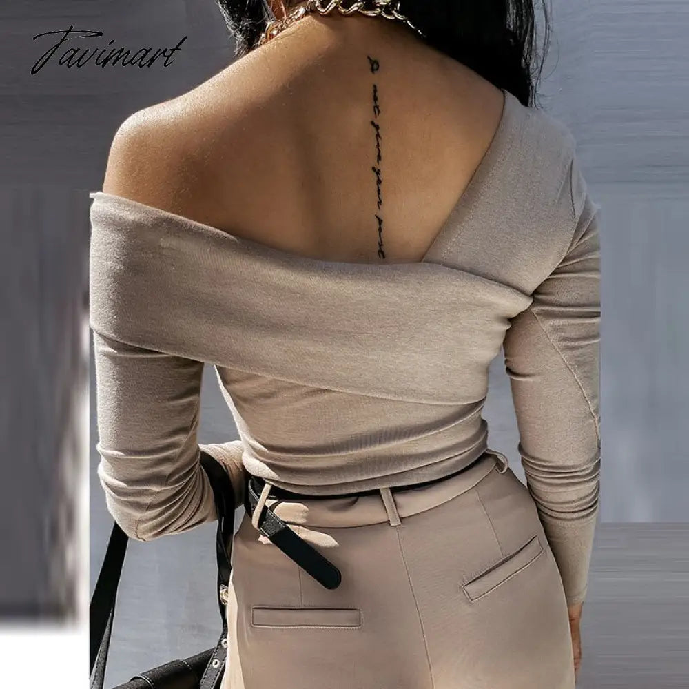 Women Elegant Solid Autumn Pullover Blouse Sexy V-neck Off Shoulder Full Sleeve Top Office Lady Slim Fit Streetwear Casual Shirt