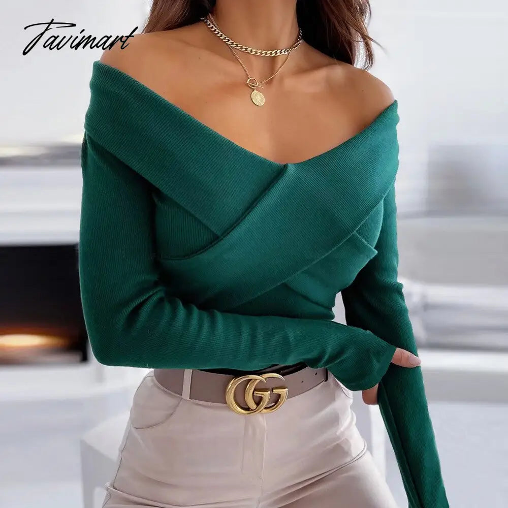 Women Elegant Solid Autumn Pullover Blouse Sexy V-neck Off Shoulder Full Sleeve Top Office Lady Slim Fit Streetwear Casual Shirt