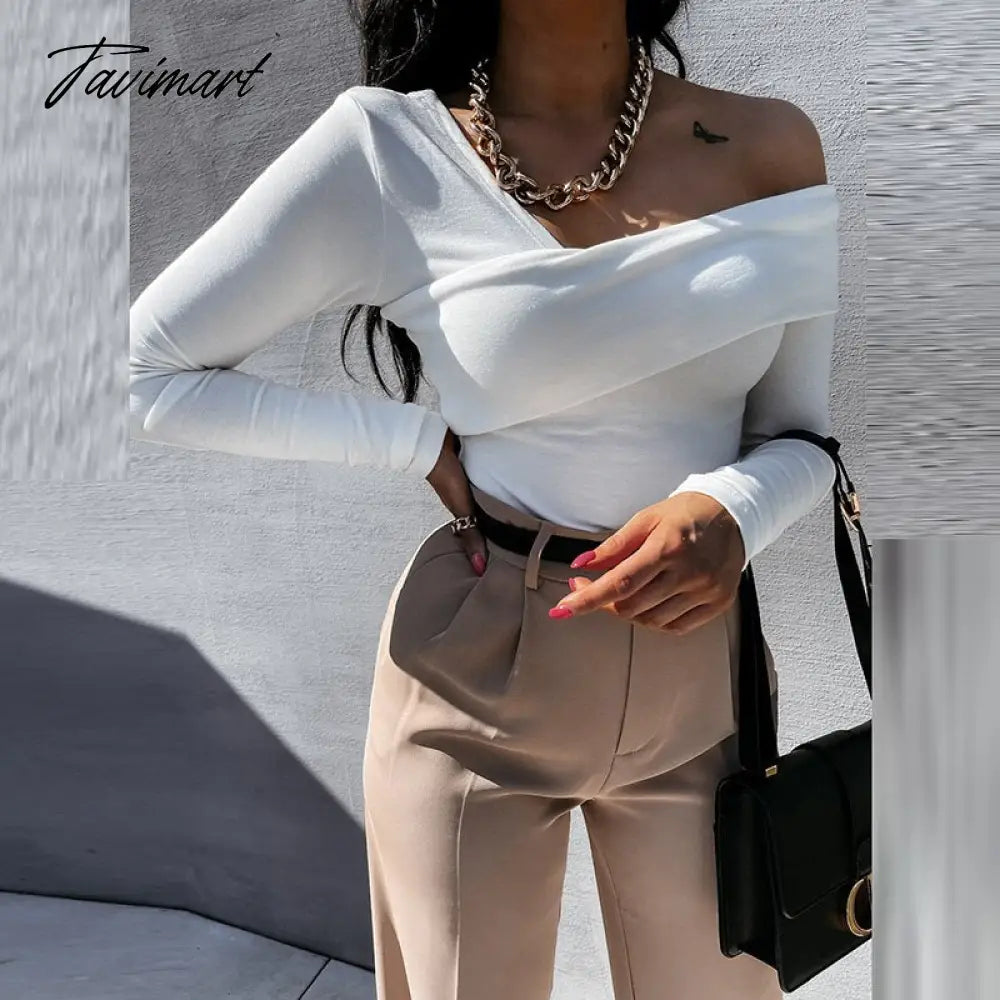 Women Elegant Solid Autumn Pullover Blouse Sexy V-neck Off Shoulder Full Sleeve Top Office Lady Slim Fit Streetwear Casual Shirt