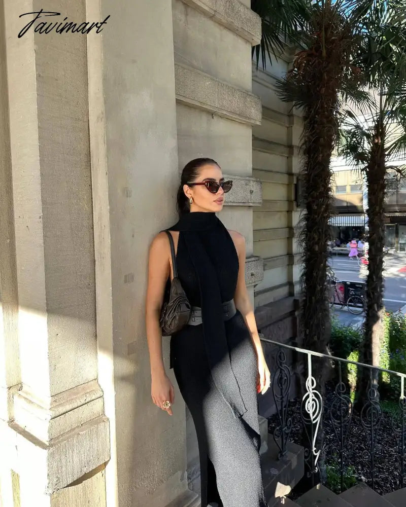 Women Elegant Striped Backless Knitted Maxi Dress Bodycon Sleeveless Split Dress Party Evening Culb Female Street Vestidos