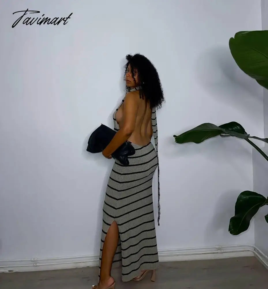 Women Elegant Striped Backless Knitted Maxi Dress Bodycon Sleeveless Split Dress Party Evening Culb Female Street Vestidos
