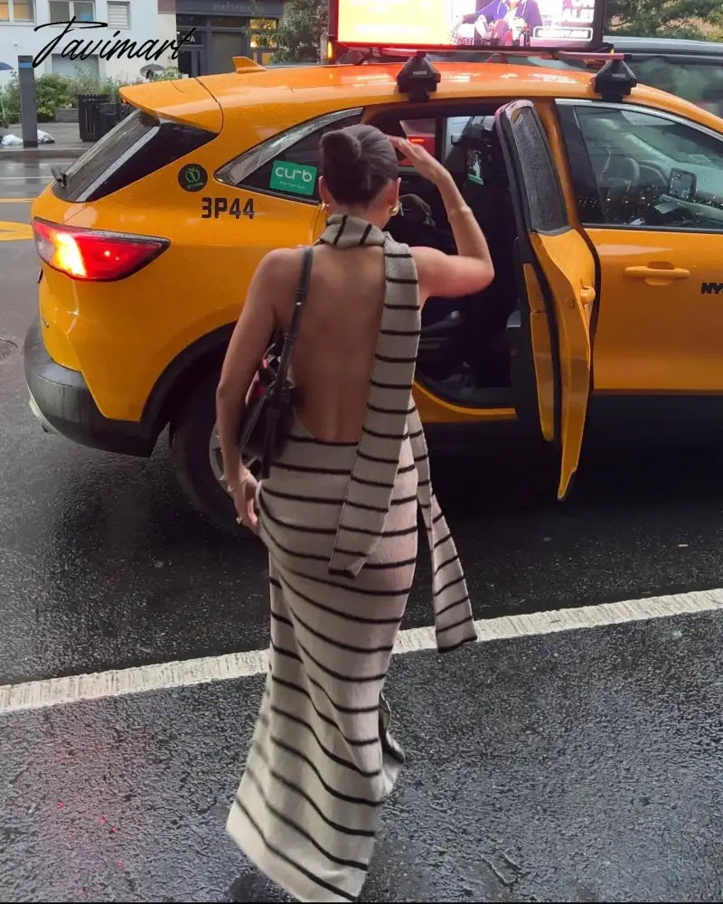 Women Elegant Striped Backless Knitted Maxi Dress Bodycon Sleeveless Split Dress Party Evening Culb Female Street Vestidos