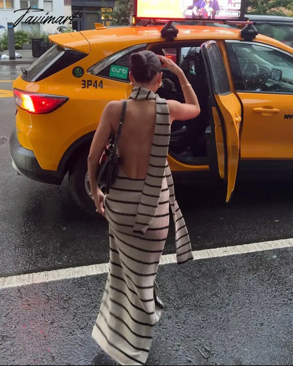 Women Elegant Striped Backless Knitted Maxi Dress Bodycon Sleeveless Split Dress Party Evening Culb Female Street Vestidos
