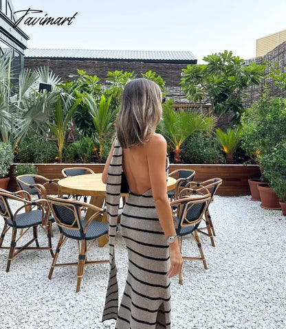 Women Elegant Striped Backless Knitted Maxi Dress Bodycon Sleeveless Split Dress Party Evening Culb Female Street Vestidos