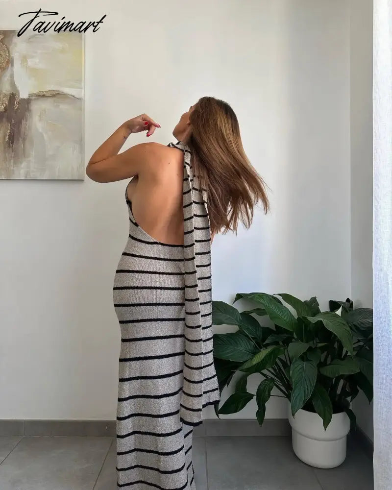 Women Elegant Striped Backless Knitted Maxi Dress Bodycon Sleeveless Split Dress Party Evening Culb Female Street Vestidos