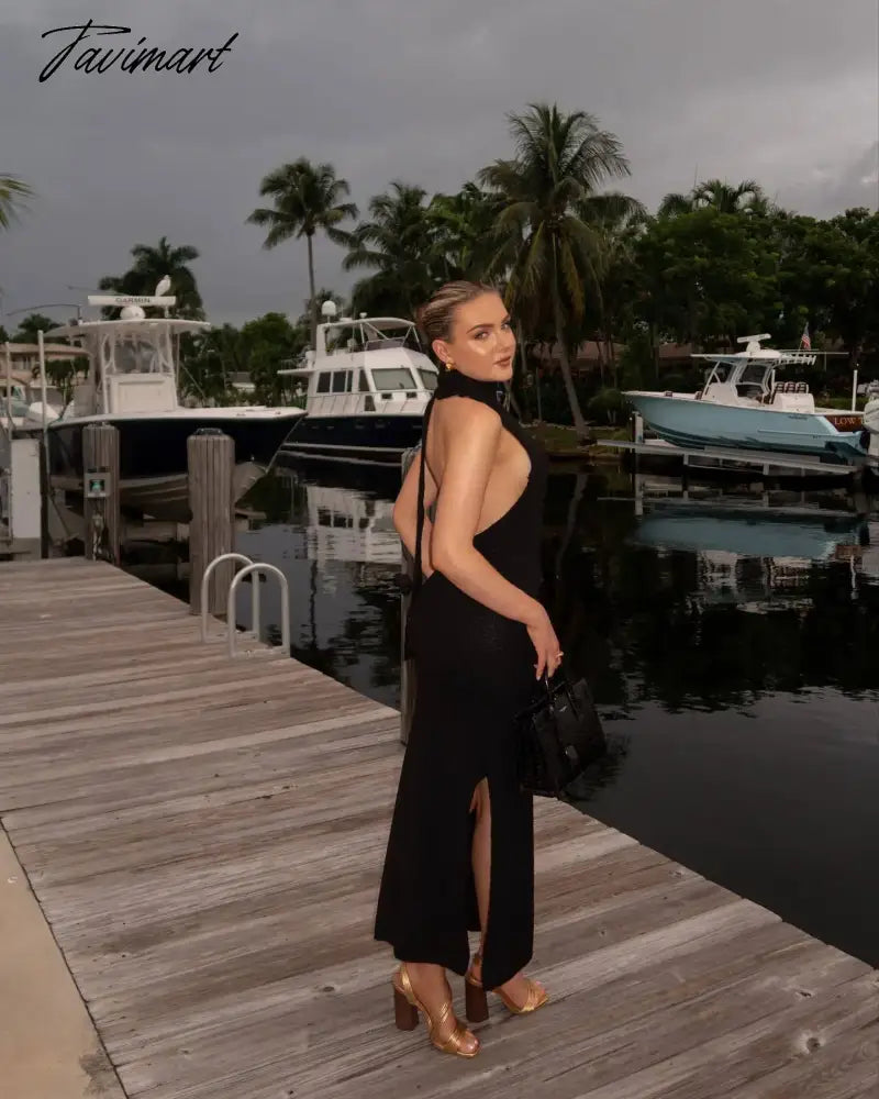 Women Elegant Striped Backless Knitted Maxi Dress Bodycon Sleeveless Split Dress Party Evening Culb Female Street Vestidos