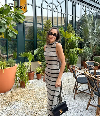 Women Elegant Striped Backless Knitted Maxi Dress Bodycon Sleeveless Split Dress Party Evening Culb Female Street Vestidos