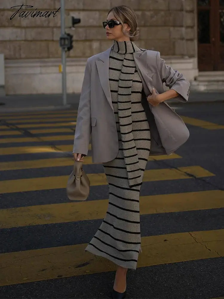 Women Elegant Striped Backless Knitted Maxi Dress Bodycon Sleeveless Split Dress Party Evening Culb Female Street Vestidos