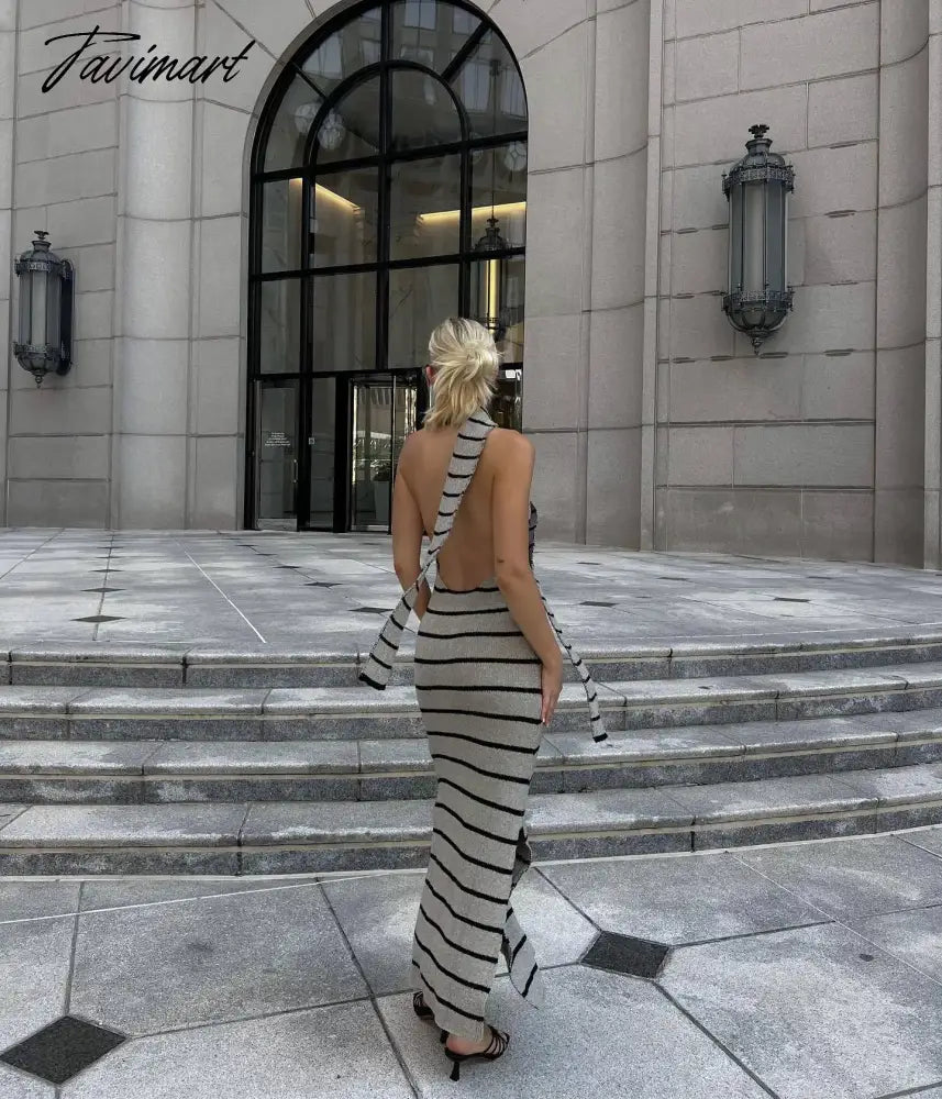 Women Elegant Striped Backless Knitted Maxi Dress Bodycon Sleeveless Split Dress Party Evening Culb Female Street Vestidos