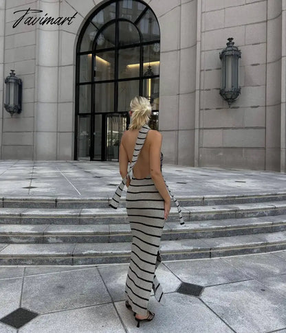 Women Elegant Striped Backless Knitted Maxi Dress Bodycon Sleeveless Split Dress Party Evening Culb Female Street Vestidos