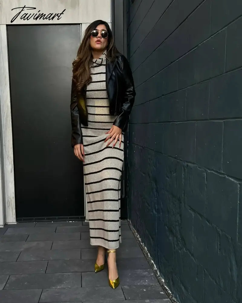 Women Elegant Striped Backless Knitted Maxi Dress Bodycon Sleeveless Split Dress Party Evening Culb Female Street Vestidos