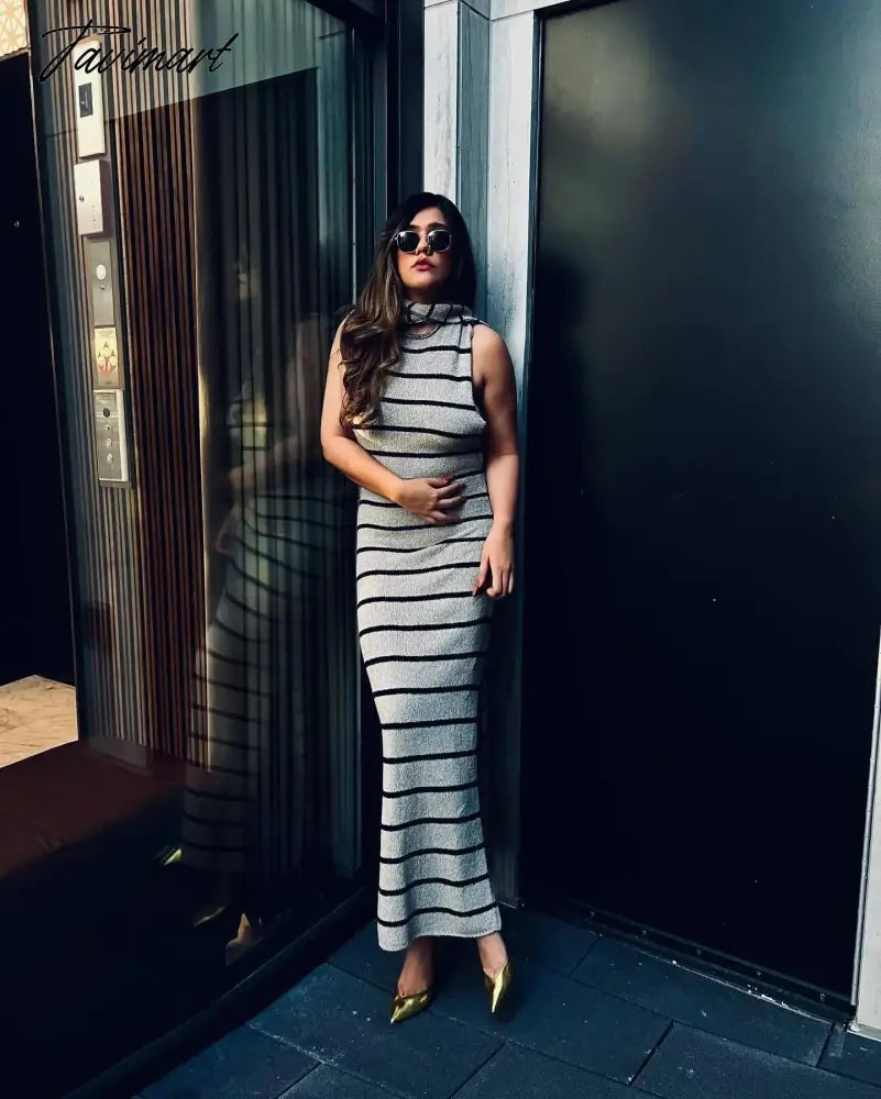 Women Elegant Striped Backless Knitted Maxi Dress Bodycon Sleeveless Split Dress Party Evening Culb Female Street Vestidos