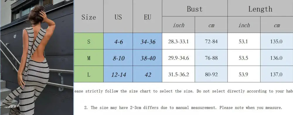 Women Elegant Striped Backless Knitted Maxi Dress Bodycon Sleeveless Split Dress Party Evening Culb Female Street Vestidos