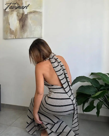 Women Elegant Striped Backless Knitted Maxi Dress Bodycon Sleeveless Split Dress Party Evening Culb Female Street Vestidos