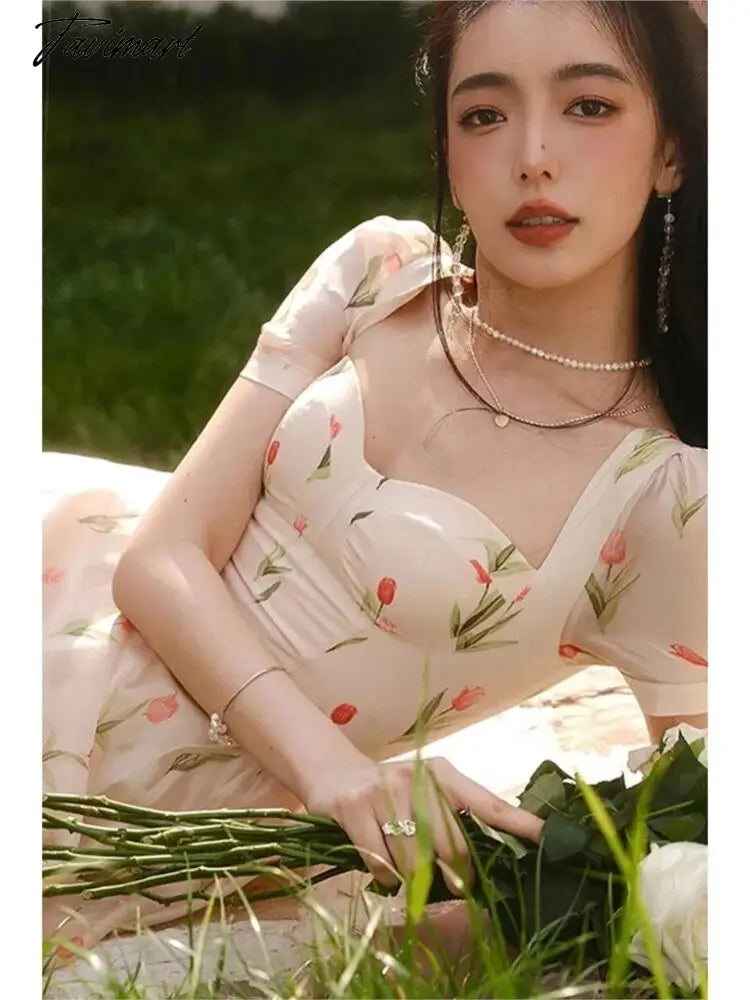 Women Elegant Summer Floral Print Holiday Beach Dress Suqare Collar Midi Dress Patchwork Prom Dress vestido casamento mulher