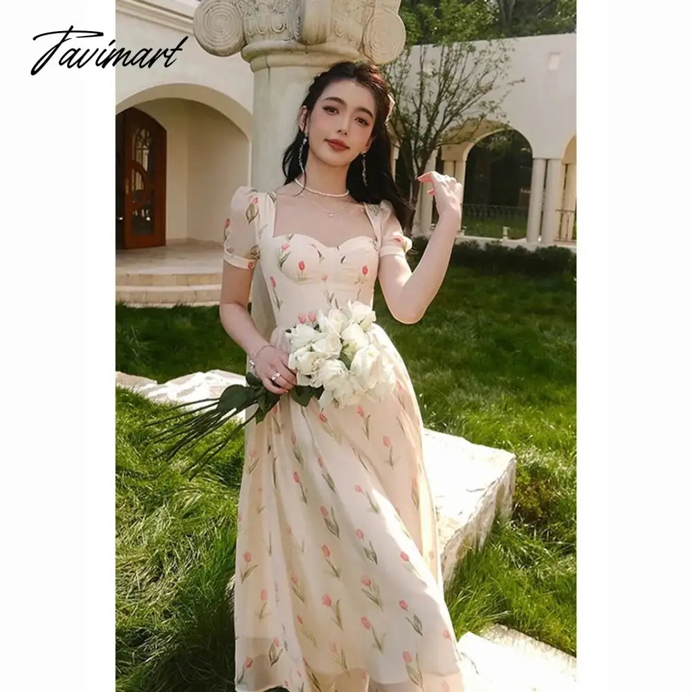Women Elegant Summer Floral Print Holiday Beach Dress Suqare Collar Midi Dress Patchwork Prom Dress vestido casamento mulher