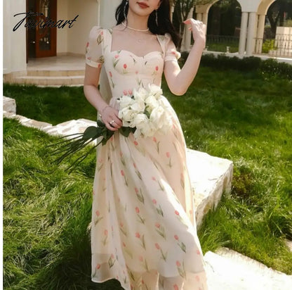 Women Elegant Summer Floral Print Holiday Beach Dress Suqare Collar Midi Dress Patchwork Prom Dress vestido casamento mulher