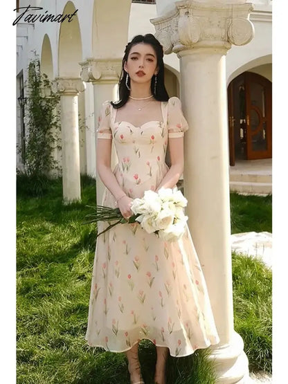 Women Elegant Summer Floral Print Holiday Beach Dress Suqare Collar Midi Dress Patchwork Prom Dress vestido casamento mulher