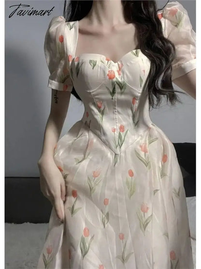Women Elegant Summer Floral Print Holiday Beach Dress Suqare Collar Midi Dress Patchwork Prom Dress vestido casamento mulher