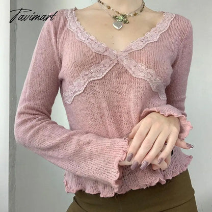 Women Elegant Sweet Chic Fairy Lace Trim Tops y2k V Neck Long Sleeve T Shirt E Girl Knitted Crop Tops 2000s Streewear