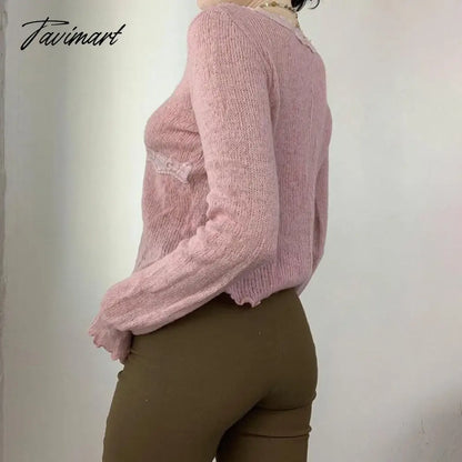 Women Elegant Sweet Chic Fairy Lace Trim Tops y2k V Neck Long Sleeve T Shirt E Girl Knitted Crop Tops 2000s Streewear