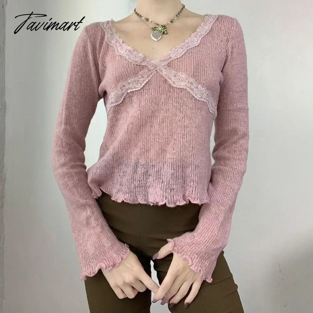 Women Elegant Sweet Chic Fairy Lace Trim Tops y2k V Neck Long Sleeve T Shirt E Girl Knitted Crop Tops 2000s Streewear