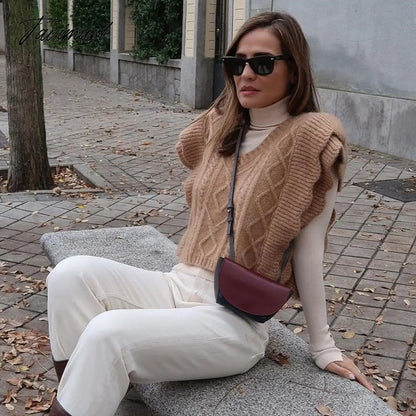 Women Elegant Twist Ruffle Trims Armhole Cable Knitted Sweater Vest Vintage Chaleco Mujer Female Waistcoat Chic Top