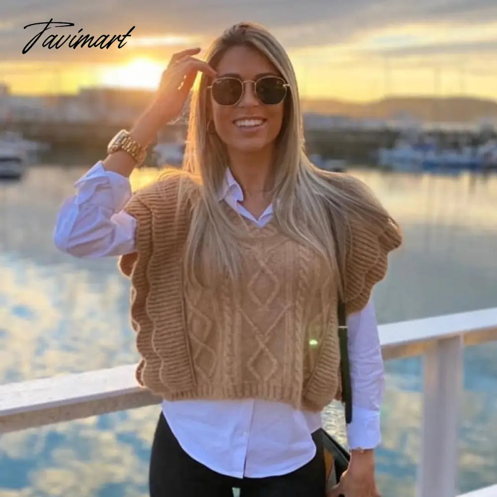 Women Elegant Twist Ruffle Trims Armhole Cable Knitted Sweater Vest Vintage Chaleco Mujer Female Waistcoat Chic Top