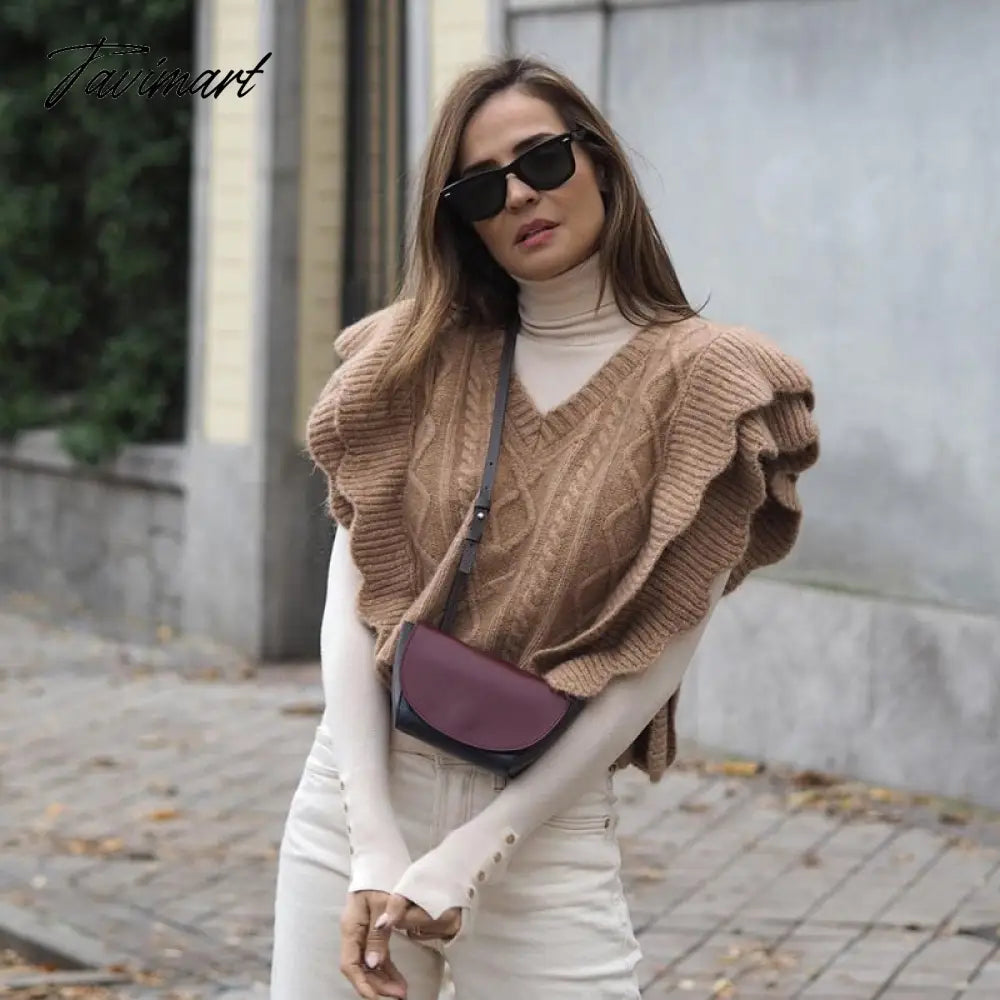 Women Elegant Twist Ruffle Trims Armhole Cable Knitted Sweater Vest Vintage Chaleco Mujer Female Waistcoat Chic Top