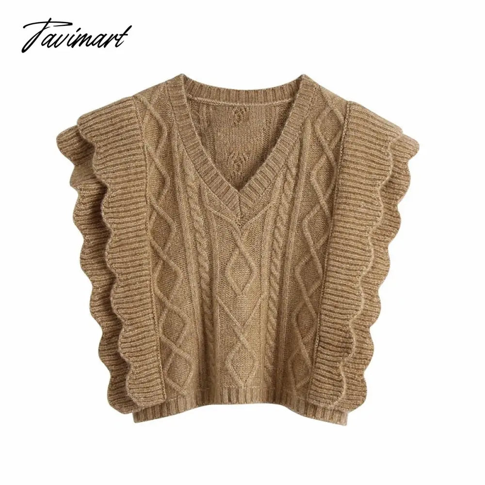 Women Elegant Twist Ruffle Trims Armhole Cable Knitted Sweater Vest Vintage Chaleco Mujer Female Waistcoat Chic Top