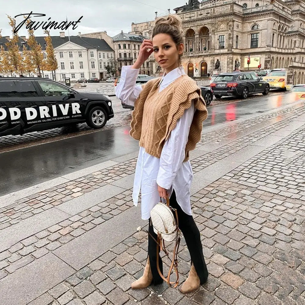Women Elegant Twist Ruffle Trims Armhole Cable Knitted Sweater Vest Vintage Chaleco Mujer Female Waistcoat Chic Top