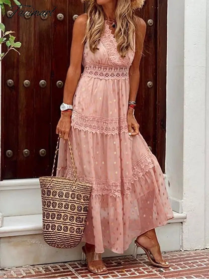Women Fashion Chic Solid Color Sleeveless Ruffle Dress Sexy Summer Beach Party Dress Lady Elegant Sling V-Neck Lace Long Dresses