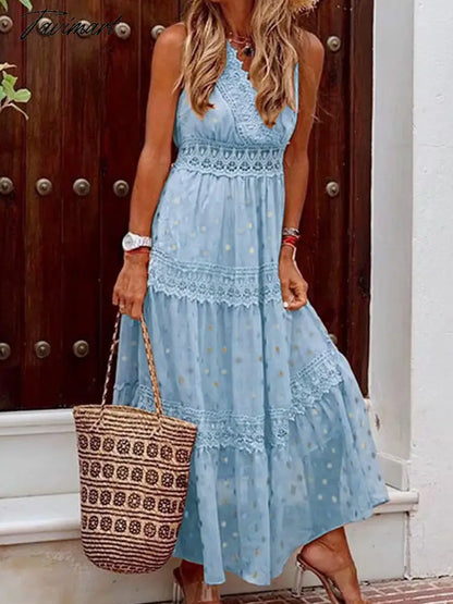 Women Fashion Chic Solid Color Sleeveless Ruffle Dress Sexy Summer Beach Party Dress Lady Elegant Sling V-Neck Lace Long Dresses