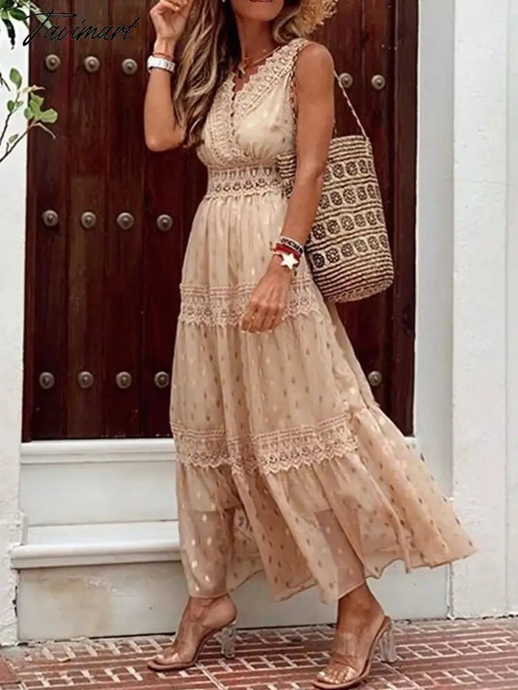 Women Fashion Chic Solid Color Sleeveless Ruffle Dress Sexy Summer Beach Party Dress Lady Elegant Sling V-Neck Lace Long Dresses