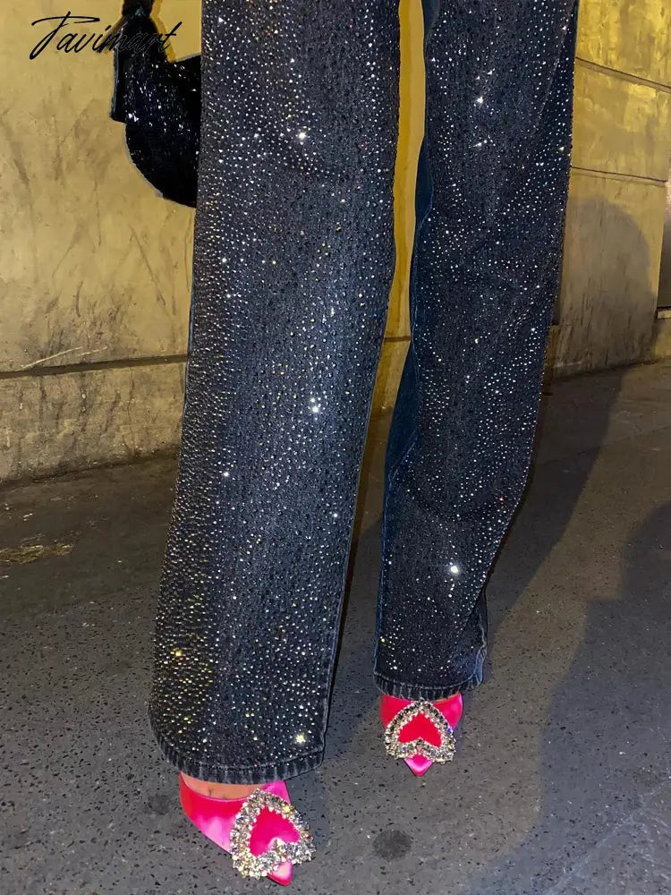 Women Fashion Y2K Patchwork Sparkle Sequin Pants Elegant Slim Wide Leg Denim Pant Winter Autumn High Street Party Black Jeans