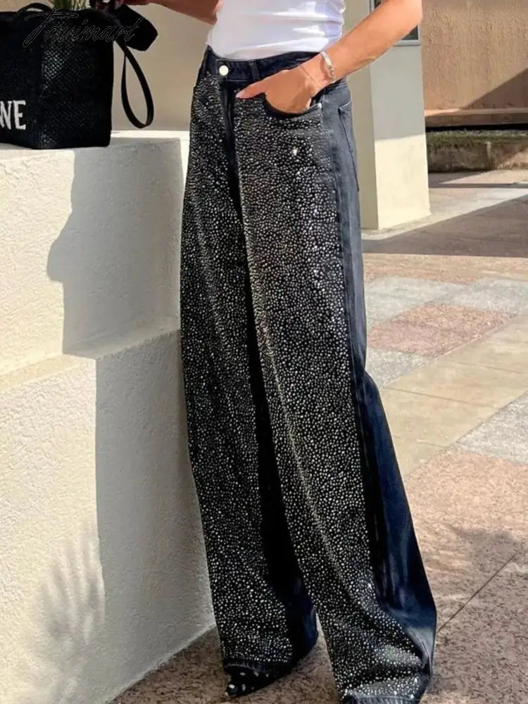 Women Fashion Y2K Patchwork Sparkle Sequin Pants Elegant Slim Wide Leg Denim Pant Winter Autumn High Street Party Black Jeans