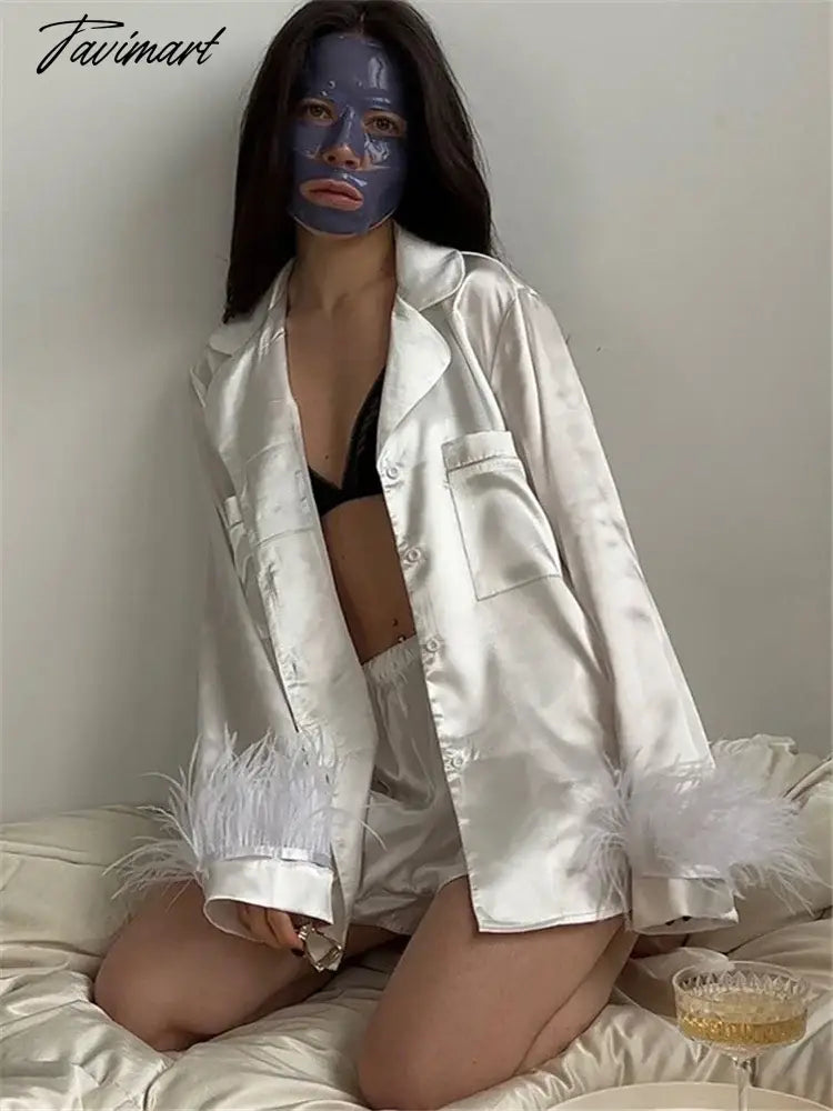 Women Feather Full Sleeve Pajama Sets Suits With Shorts Pocket Turn Down Collar Nightwear Fashion Single Breasted Outwears