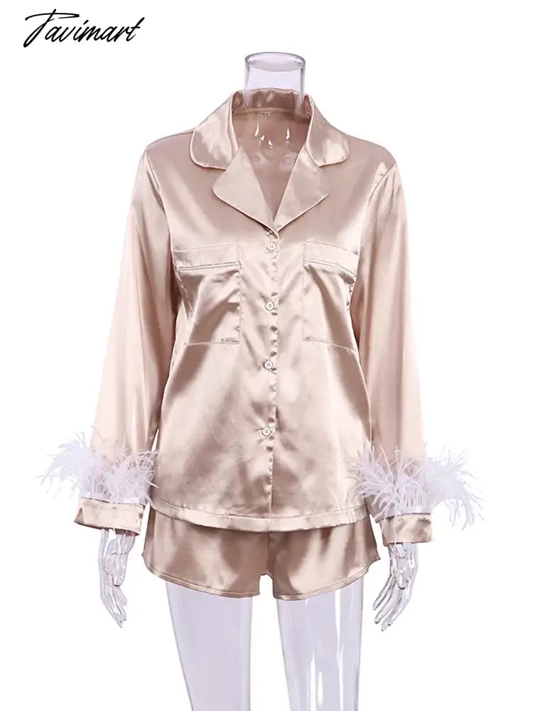 Women Feather Full Sleeve Pajama Sets Suits With Shorts Pocket Turn Down Collar Nightwear Fashion Single Breasted Outwears