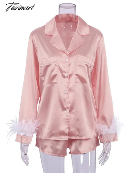 Women Feather Full Sleeve Pajama Sets Suits With Shorts Pocket Turn Down Collar Nightwear Fashion Single Breasted Outwears