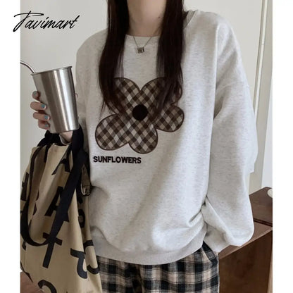 Women Grey Sweatshirt Letter Flowers Pattern Crew Neck Korean Fashion Hip Hop Leisure Loose Fleece Thicken Winter Tops Pullover