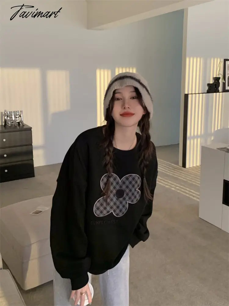 Women Grey Sweatshirt Letter Flowers Pattern Crew Neck Korean Fashion Hip Hop Leisure Loose Fleece Thicken Winter Tops Pullover