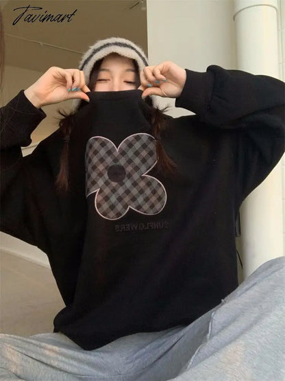 Women Grey Sweatshirt Letter Flowers Pattern Crew Neck Korean Fashion Hip Hop Leisure Loose Fleece Thicken Winter Tops Pullover