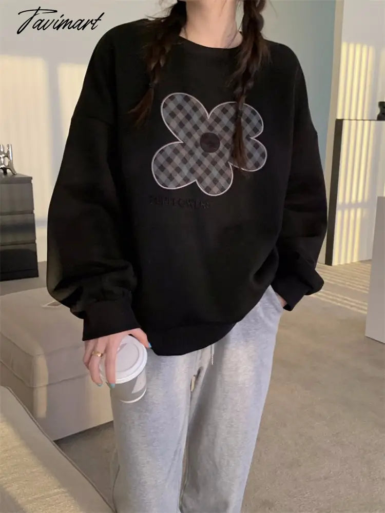Women Grey Sweatshirt Letter Flowers Pattern Crew Neck Korean Fashion Hip Hop Leisure Loose Fleece Thicken Winter Tops Pullover