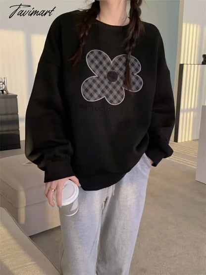 Women Grey Sweatshirt Letter Flowers Pattern Crew Neck Korean Fashion Hip Hop Leisure Loose Fleece Thicken Winter Tops Pullover